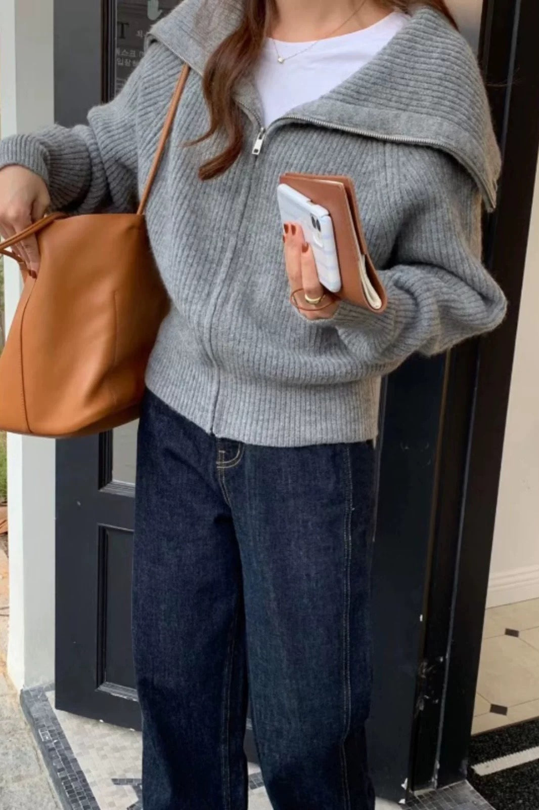 Shawl Collar Zip Knit Cardigan