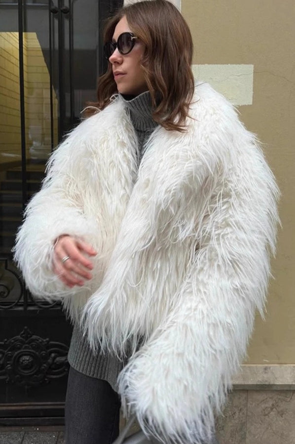 White Faux Fur Lapel Coat - Fashionpara