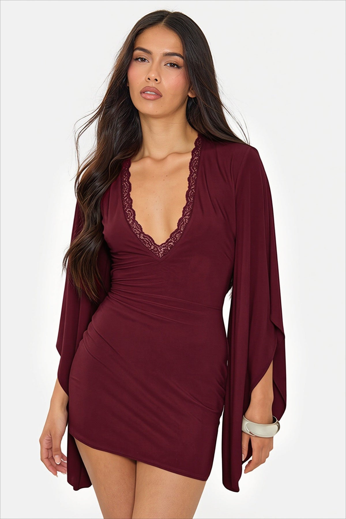 V-Neck Cape Sleeve Embellished Bodycon Mini Dress