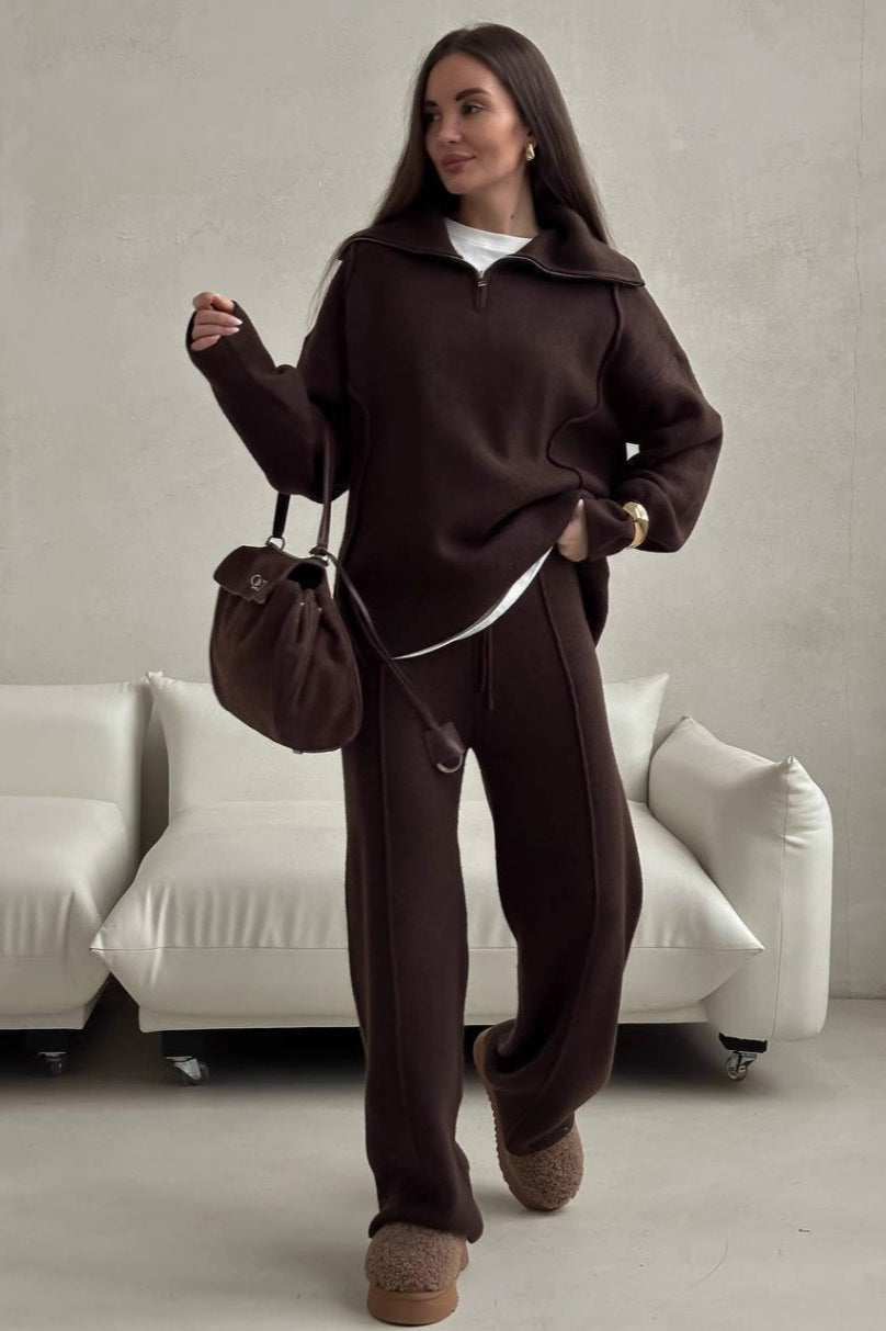 Turtleneck Half Zip Solid Casual Pants Two Piece Set