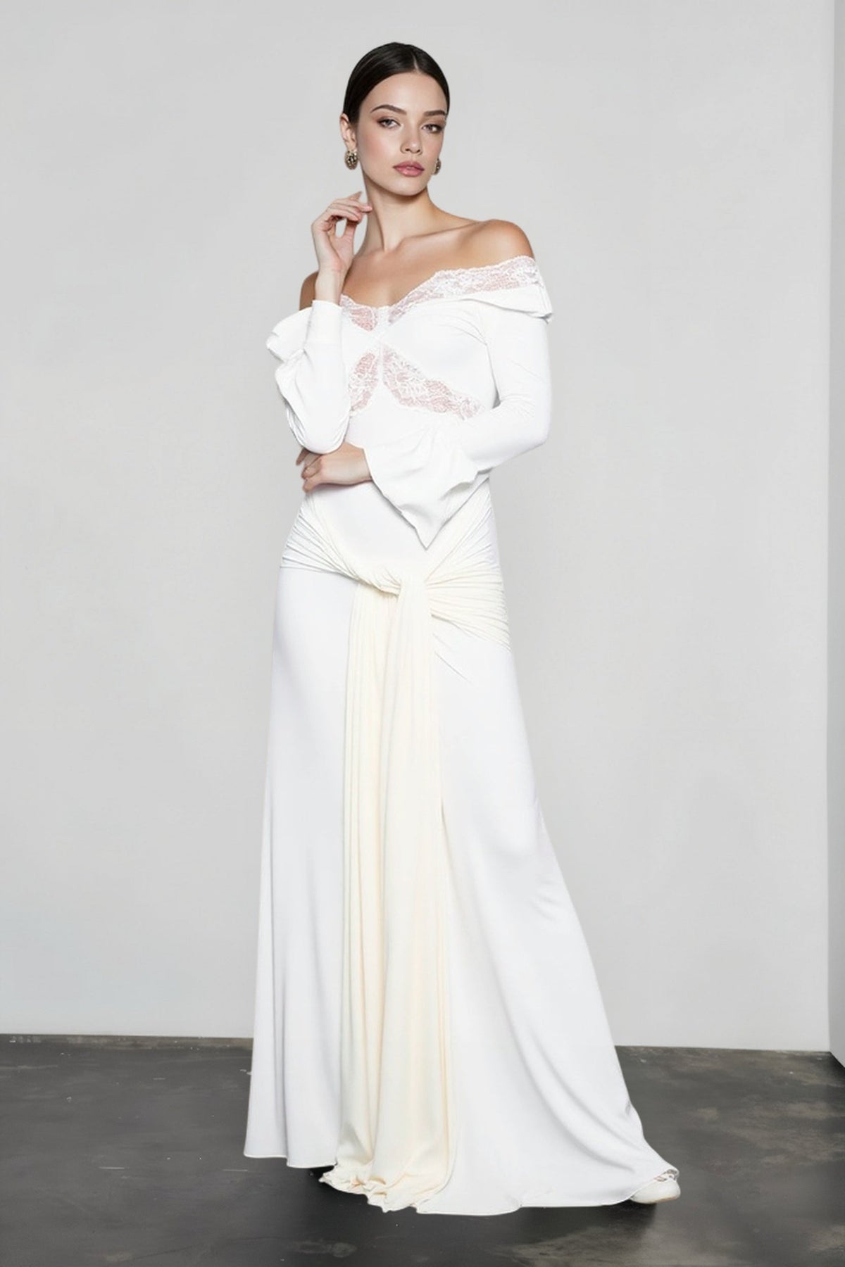 Off Shoulder Bell Sleeve Lace Cut Out Wrap Maxi Dress 2