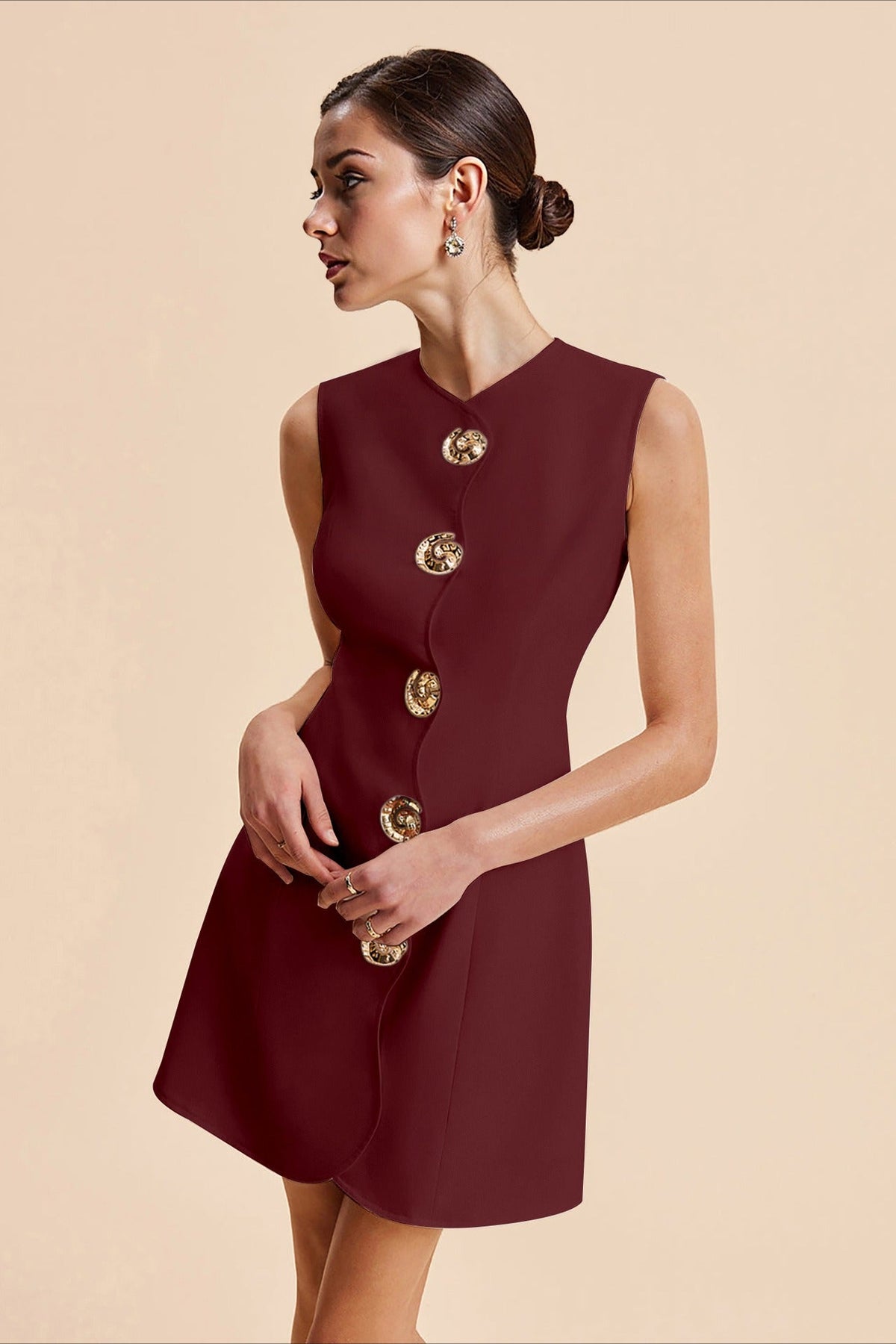 Scallop-Trim Round-Neck Sleeveless Button-Front A-Line Mini Dress