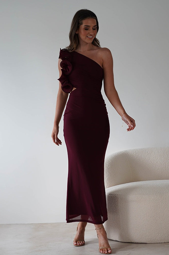 One-Shoulder Ruffle Cutout Mesh Bodycon Maxi Dress