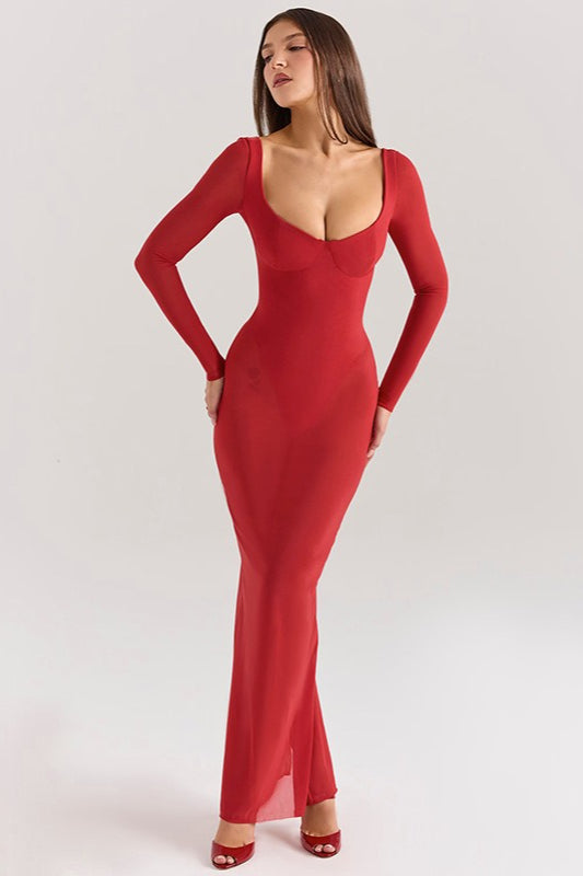 Sheer V-Neck Party Dress - Fashionpara