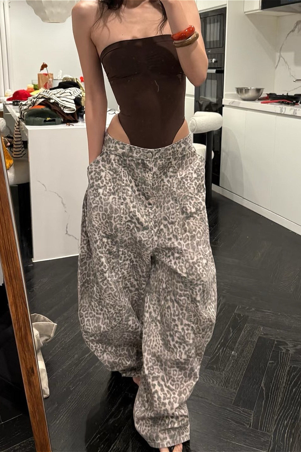 Vintage Distressed Leopard Wide-Leg Jeans