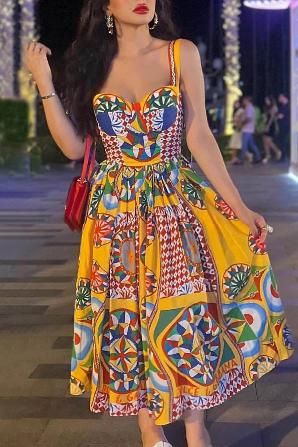 Unique Sunset Walk Ethnic Pattern Print Backless Midi Dress - Fashionpara