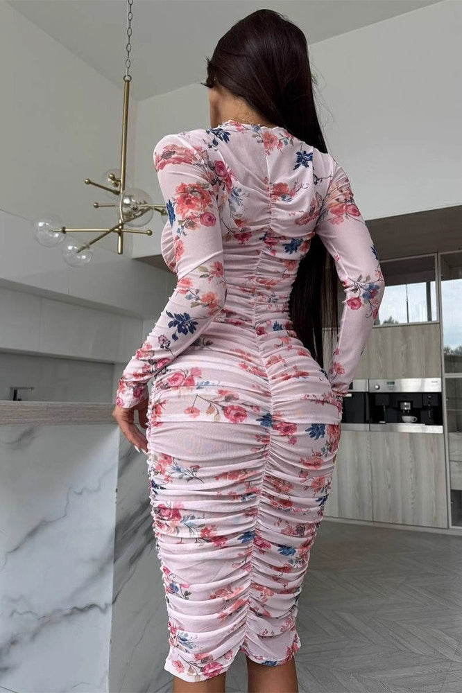 Floral Print High Neck Long Sleeve Ruched Midi Dress