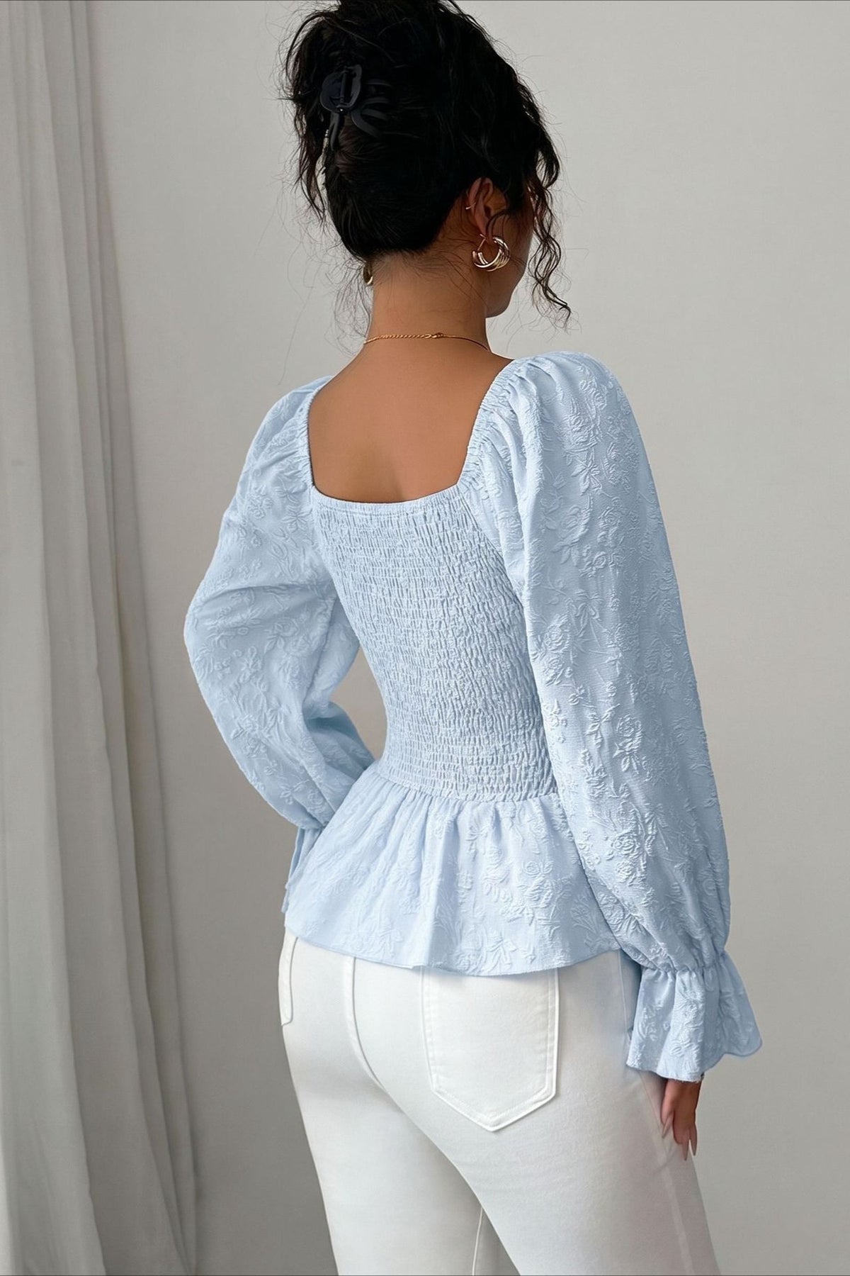 Square Neck Tie Front Peplum Blouse