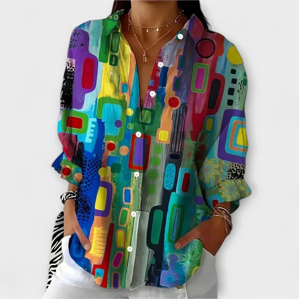 Collared Long Sleeve Abstract Print Button Front Blouse
