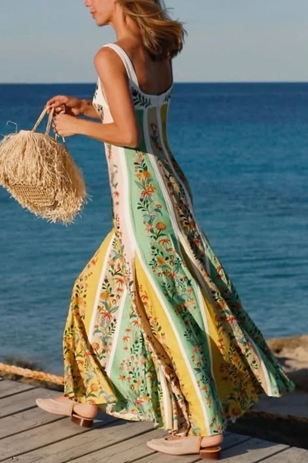 Sweet Garden Linen Blend Color Block Floral Paneled Maxi Dress - Fashionpara