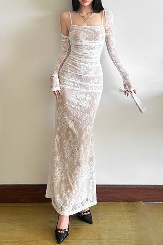 Fish Tail Square Neck Lace Dress - View 4