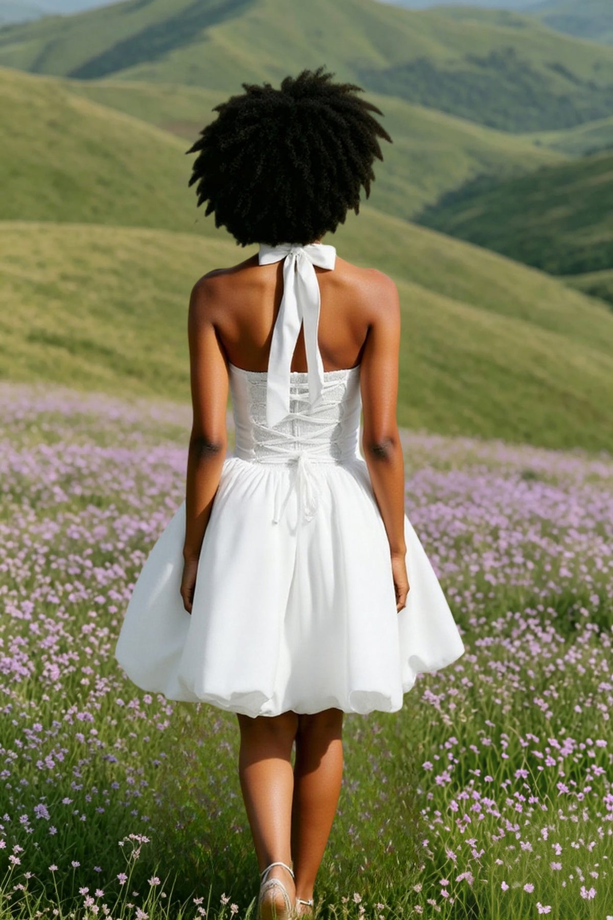 Halter Square-Neck Drop-Waist Bubble-Hem Mini Dress