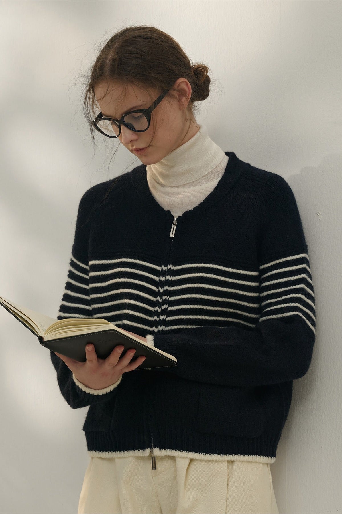 Retro Stripe Zip V-Neck Knit Top