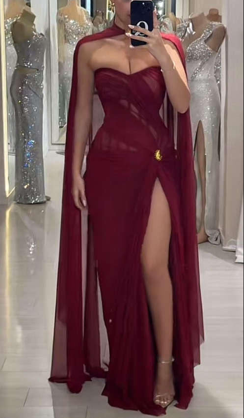 Sexy Burgundy Strapless Chiffon Slit Long Party Dress Birthday Prom Dress With Cape D1728