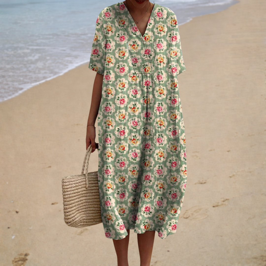 Vintage Rose Floral V-Neck Short Sleeve Midi Dress