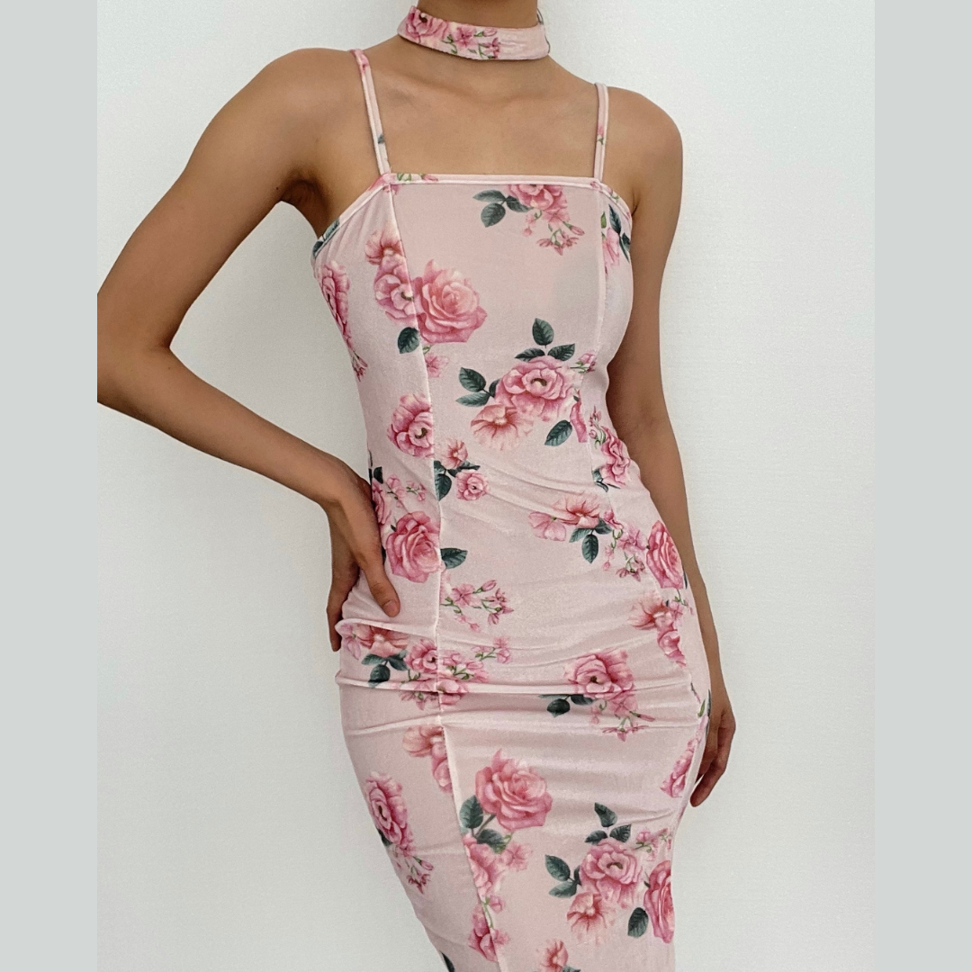 Floral Velvet Square Neck Ruched Bodycon Midi Dress