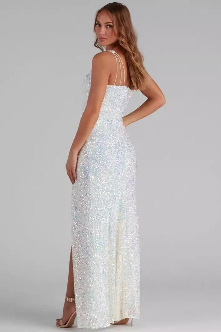 Sexy One-Shoulder Sleeveless Slit Bodycon Party Sequin Dress - Fashionpara