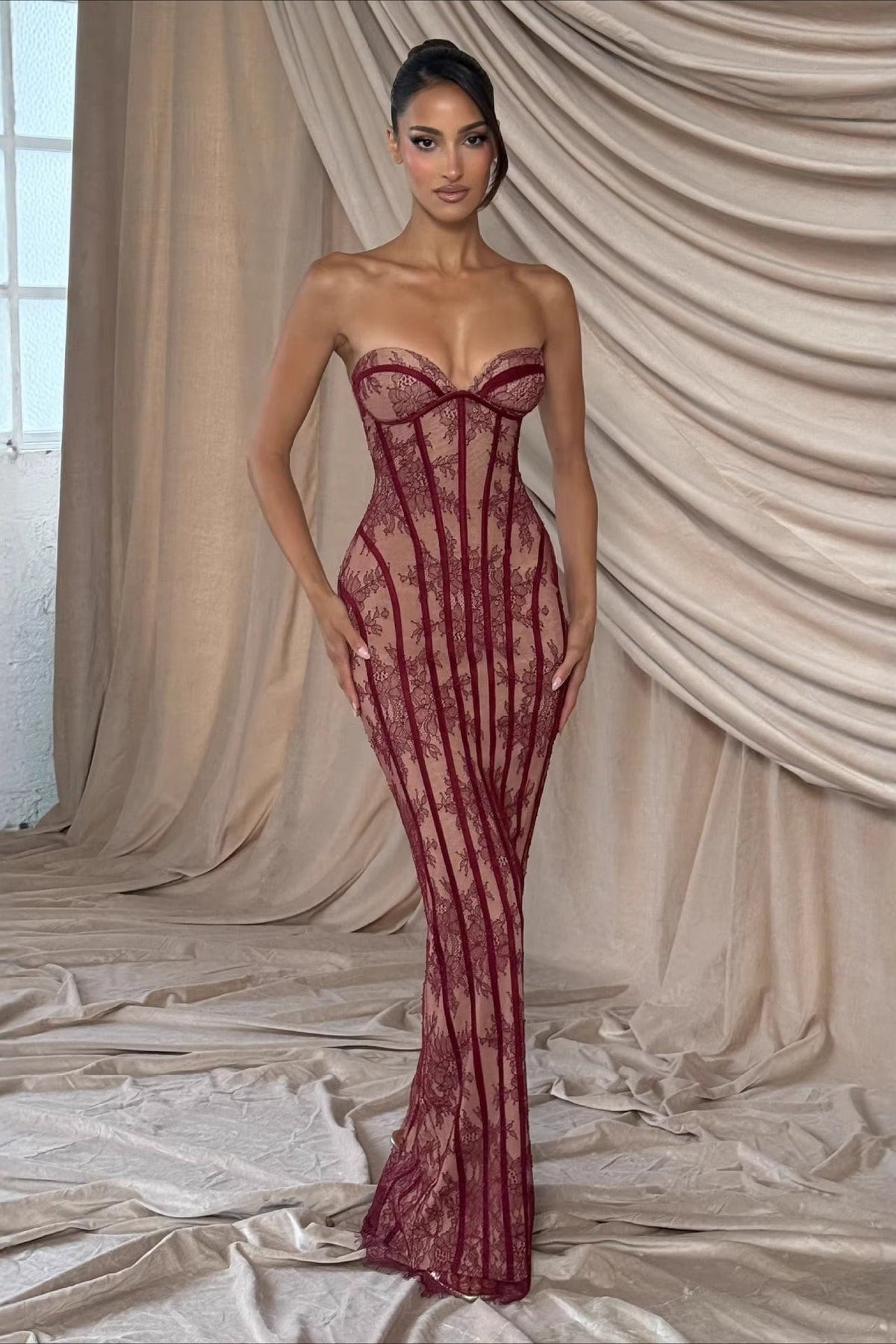 Lace Strapless Sweetheart Corset Boned Mermaid Maxi Dress