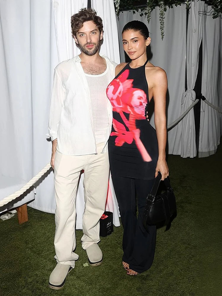 Sexy Halter Backless Flower Print Bodycon Floral Dress