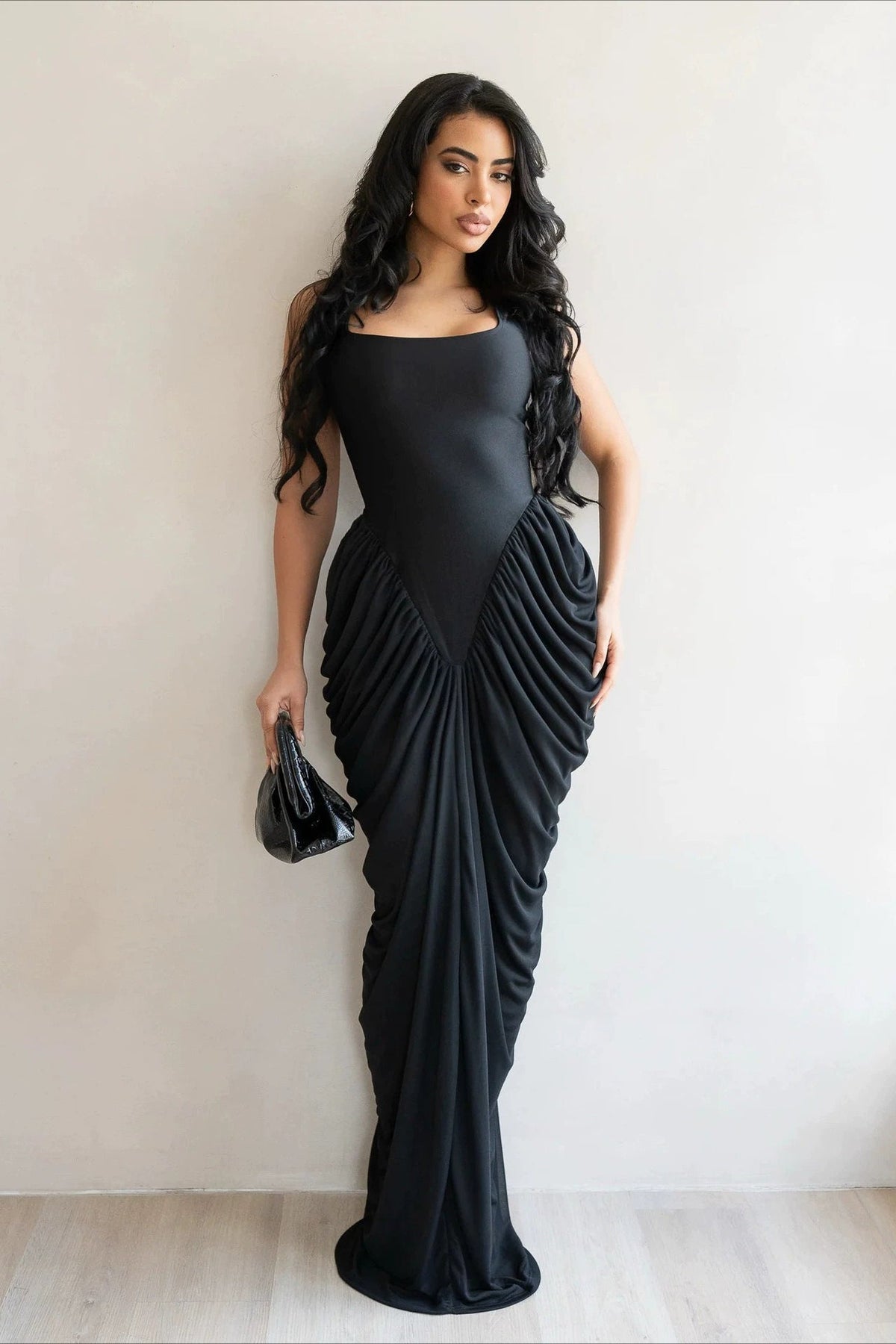 Mesh Scoop Neck Ruched Draped Mermaid Maxi Dress