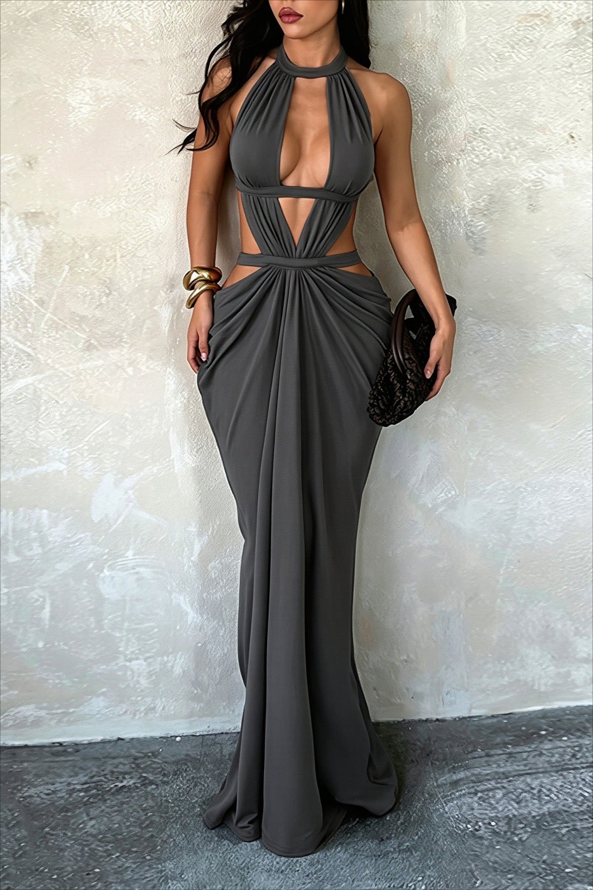Halter Neck Plunge Cutout Draped Maxi Gown