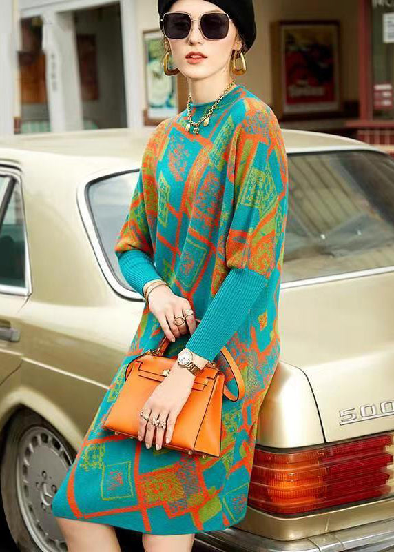 Geometric Pattern Knit Mock Neck Batwing Sleeve Shift Midi Dress