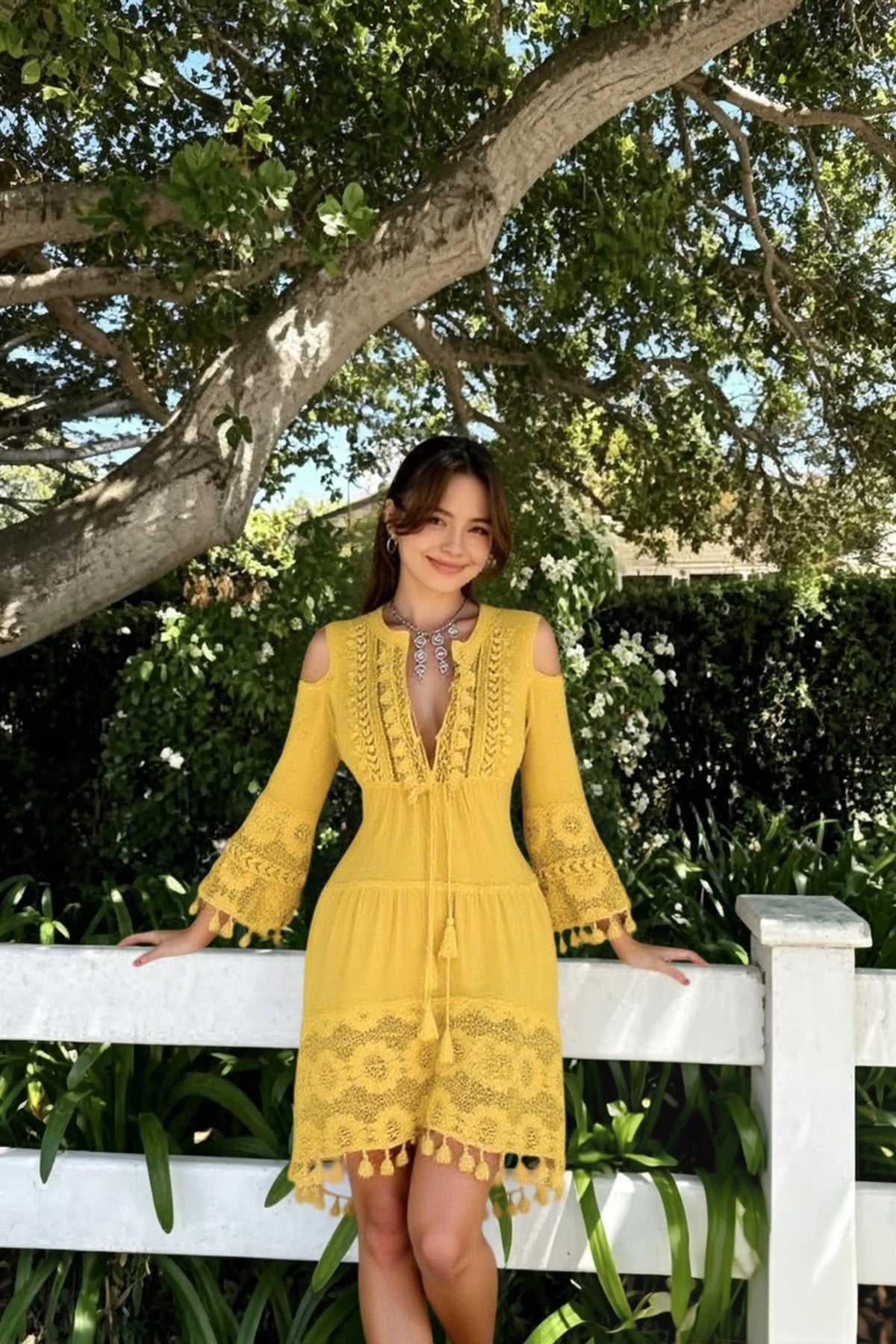 Crochet Trim V-Neck Bell Sleeve Tiered Maxi Dress 8
