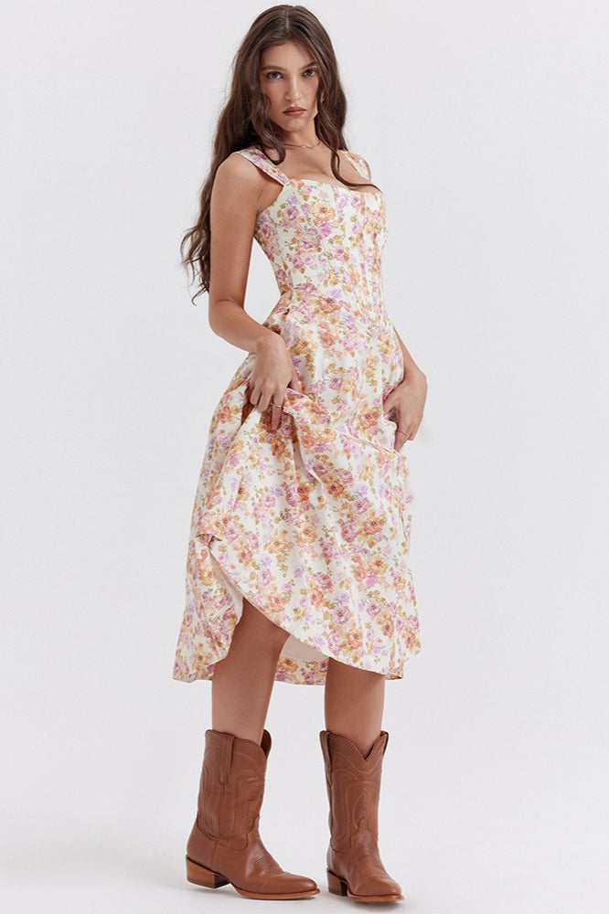 Floral Print Square Neck Corset Midi Dress