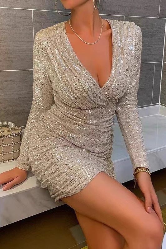 Sequin Deep V-Neck Long Sleeve Ruched Wrap Mini Dress
