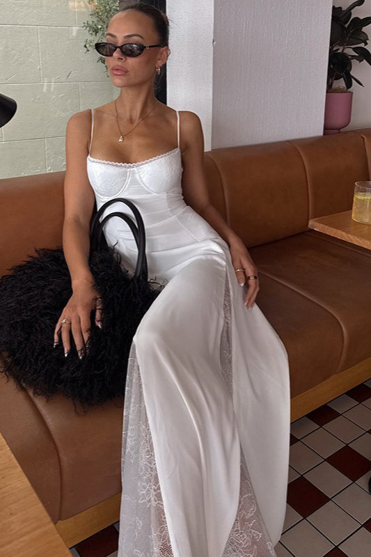Satin Spaghetti-Strap Lace-Trim Slip Maxi Dress
