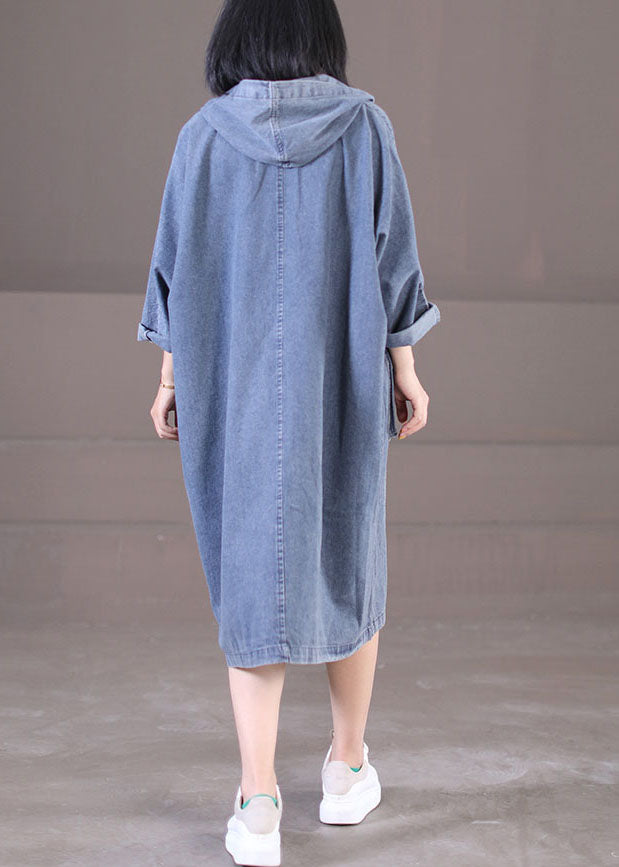 Hooded Denim Button Front Patch Pocket Long Sleeve Midi Dress - View 5