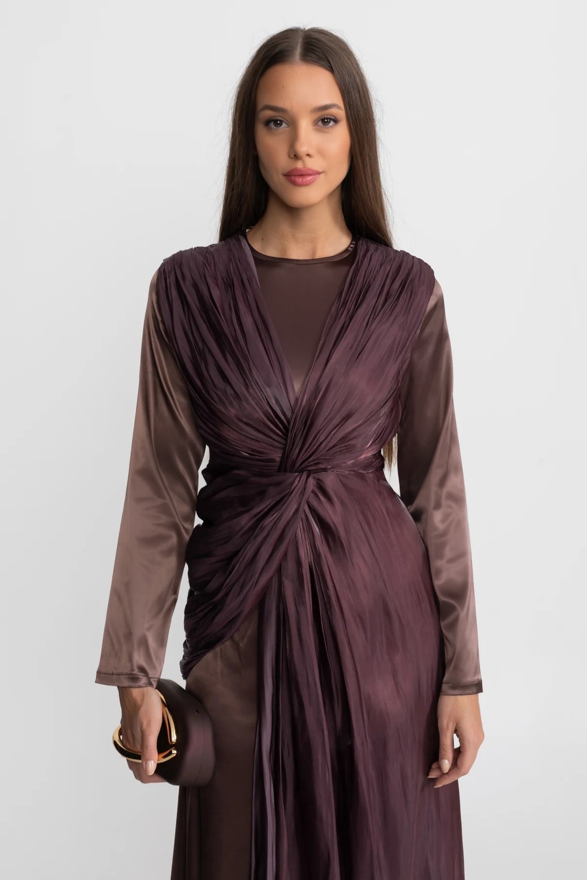Satin Midi Dress with Draped Overlay and Knot Detail - Brown - View 3