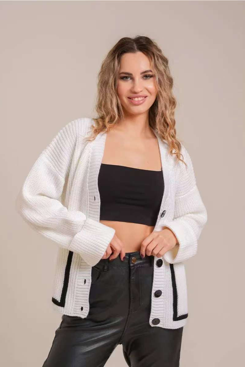 Colorblock V-Neck Knit Cardigan with Practical Pockets