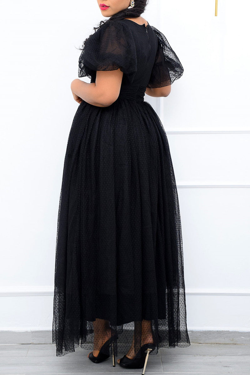 Plus Size Elegant Lace Sheer Polka Dot A-line Puff Sleeve Retro Maxi Dress  Fashionpara