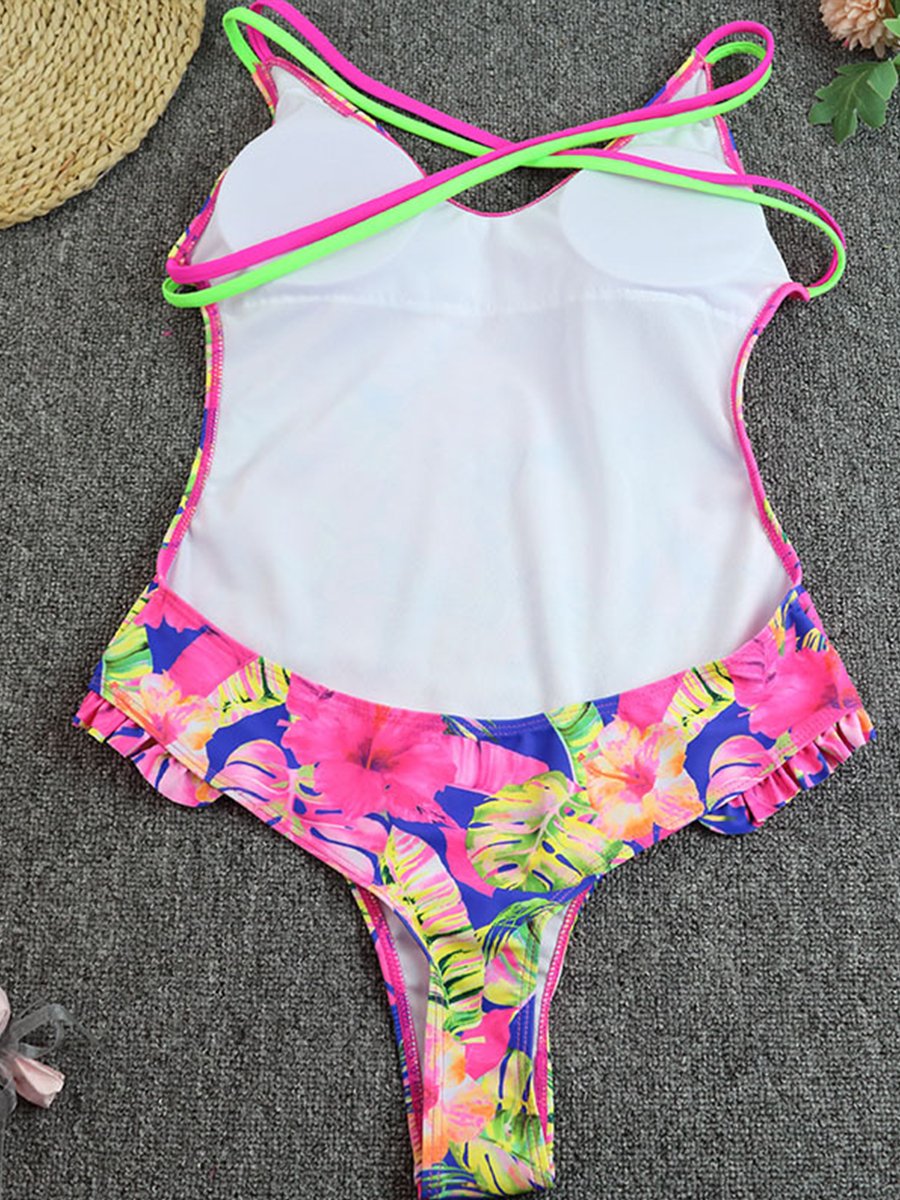 One Piece Swimsuit With Lace Printing Ribbon - Fashionpara