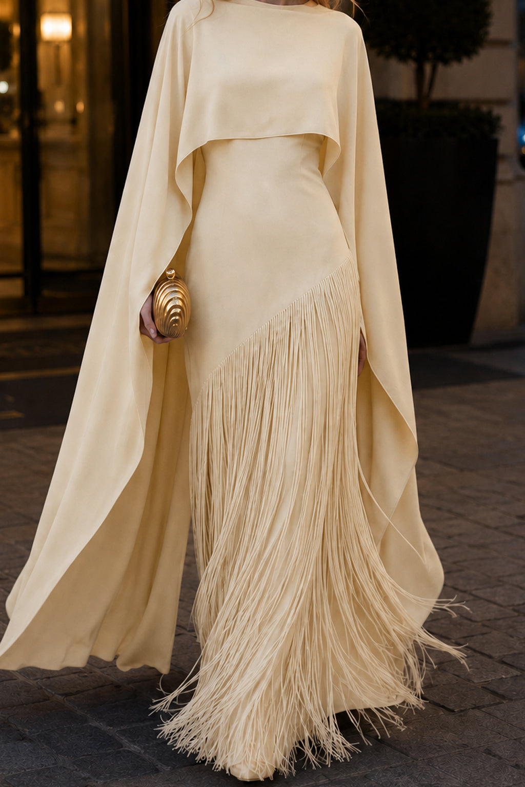 High Neck Long Sleeve Caped Fringe Maxi Gown