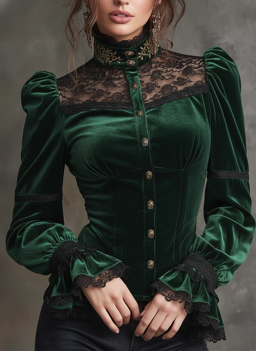 Emerald Velvet & Lace Victorian Blouse - Fashionpara