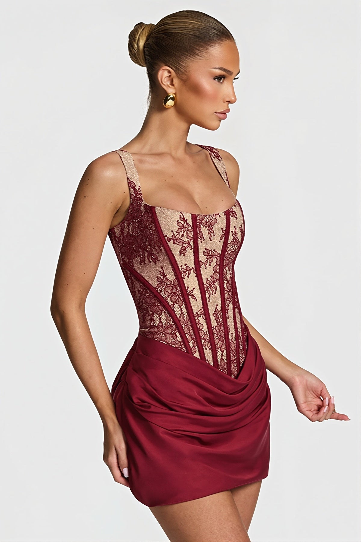 Elegant Lace Fishbone Ruched Mini Dress - View 3