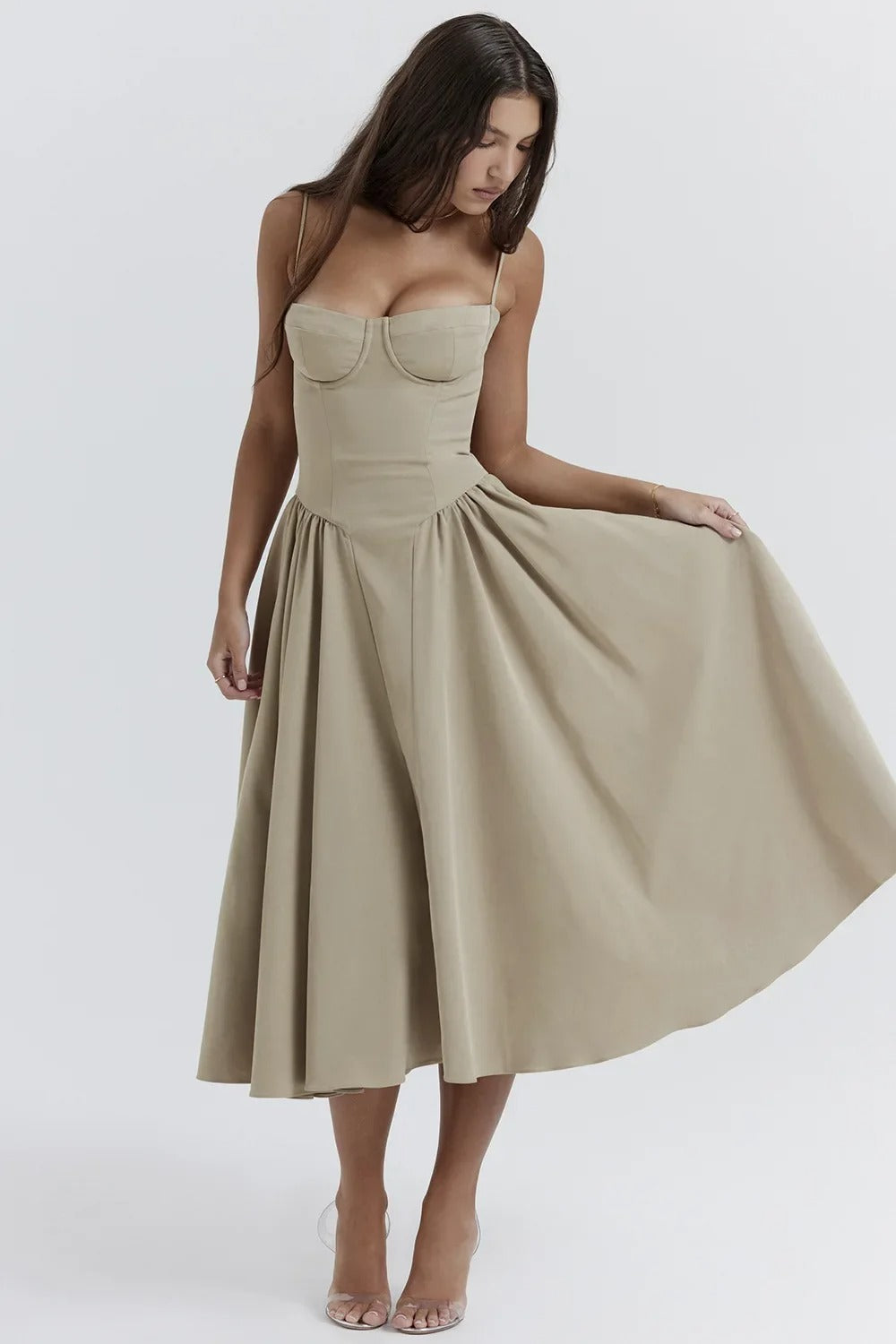 Spaghetti Strap Corset Bodice Pleated Fit and Flare Midi Dress 28
