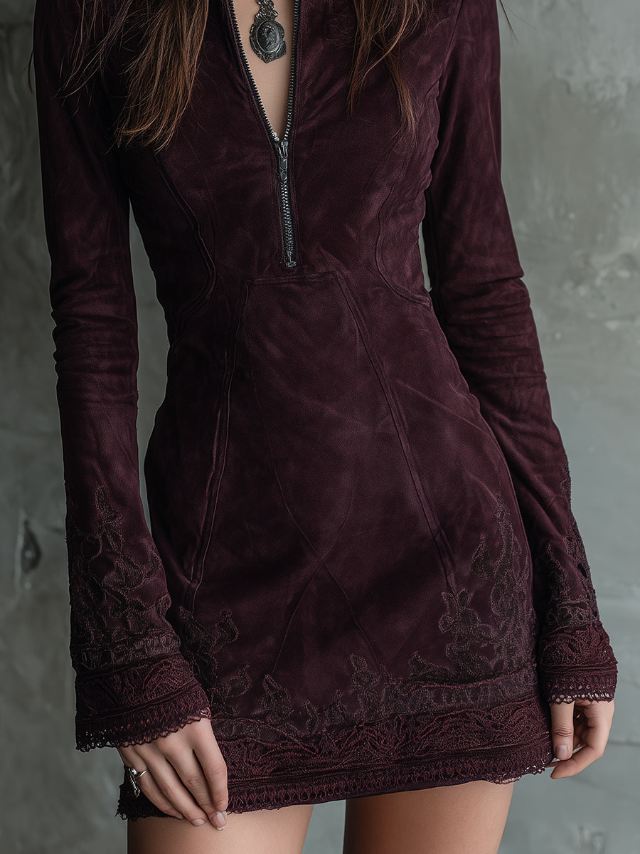 Vintage Suede Embroidered Lace Trim Mini Dress - Fashionpara
