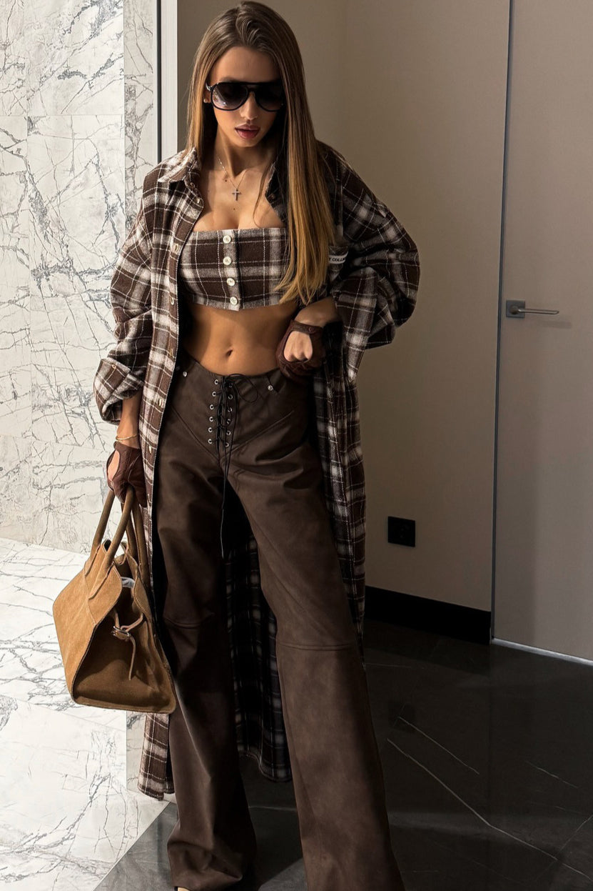 Designer Plaid Oversized Knee-Length Shirt Overcoat for Style