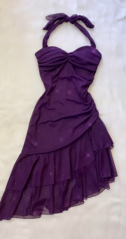 Classy Halter Purple Chiffon Ruffle Short Homecoming Dress Cocktail Dress D708