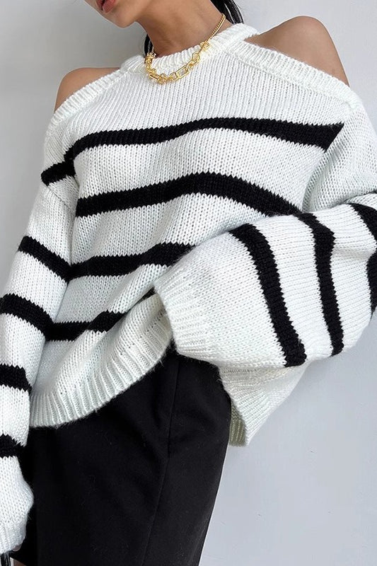 Striped Cutout Shoulder Knit Sweater