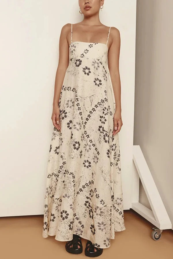 Linen Blend Floral Print Strappy Full-hem Backless Maxi Dress - Fashionpara