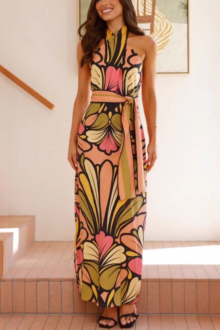 Unique Print Halter Neck Waist Tie Holiday Maxi Dress - Fashionpara