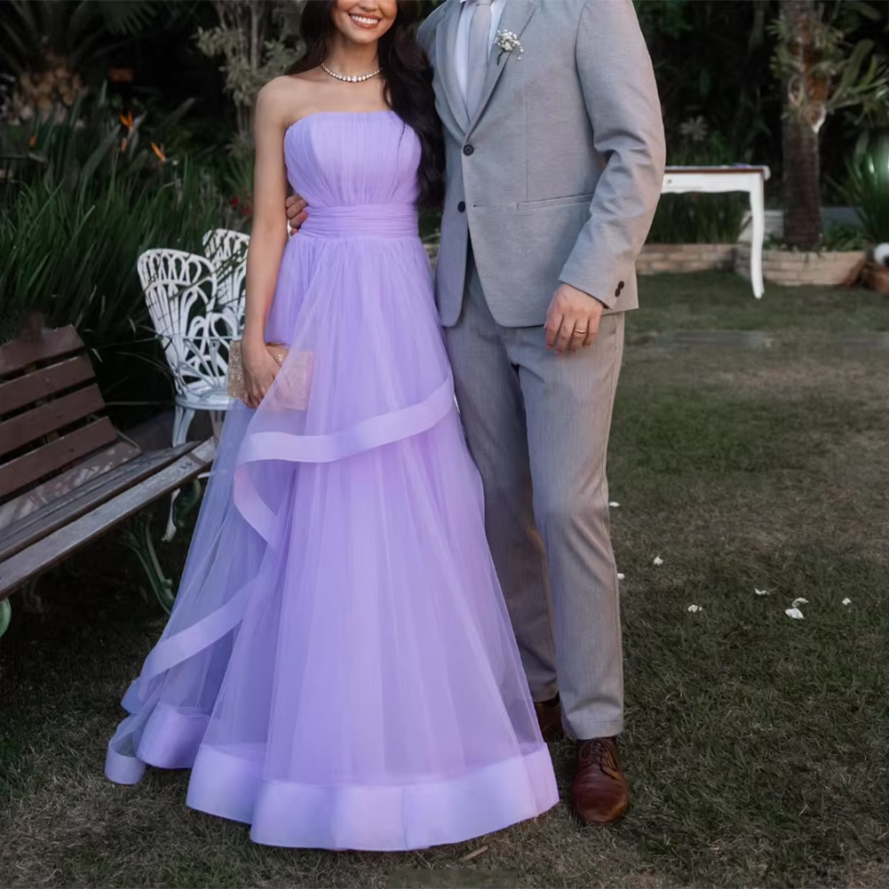 Lavender Tulle Long Dresses Wedding Party Ruffles Strapless Prom Dresses Formal Occasion Dress