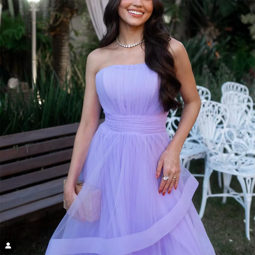 Lavender Tulle Long Dresses Wedding Party Ruffles Strapless Prom Dresses Formal Occasion Dress