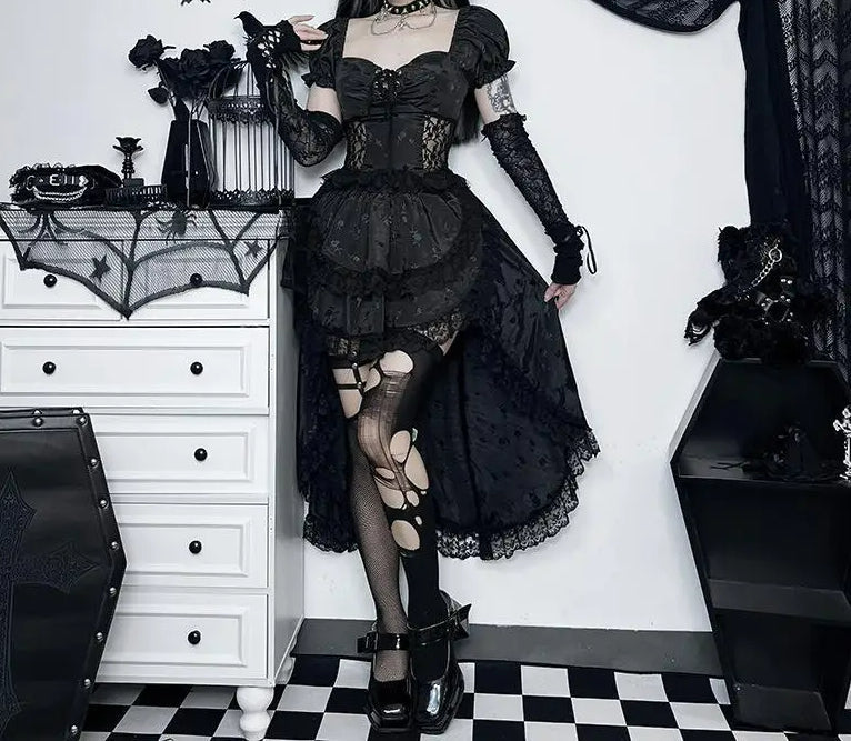 Uneven Folded Lace Black Midi Dress