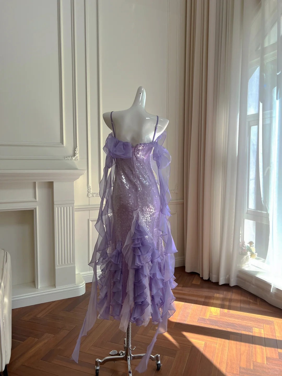 Fantasy Purple Mermaid Ruffled Tulle Sequined Long Prom Dress Evening Dress P4062