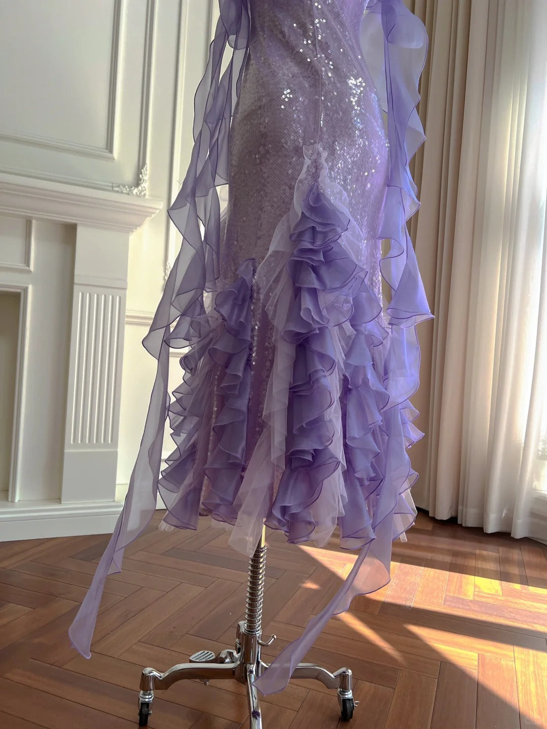 Fantasy Purple Mermaid Ruffled Tulle Sequined Long Prom Dress Evening Dress P4062